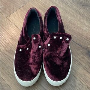 Burgundy Velvet Rebecca Minkoff Slip-On Sneakers with Pearl Accents